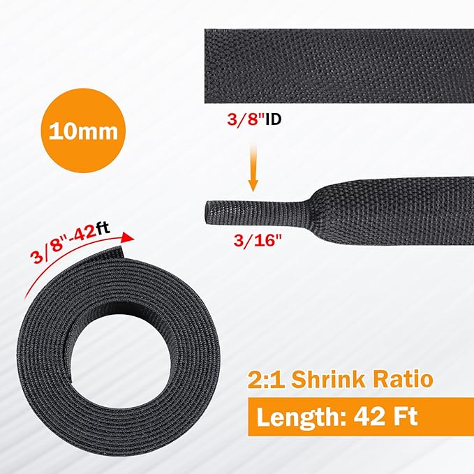 FOURUB 50% Woven Wire Loom Heat Shrink Braided Sleeving Shrinkable Fabric Cable Sleeve Braid Hose Covering Protection for Automotive Wire/Harness/Sheath (3/8"-42ft)