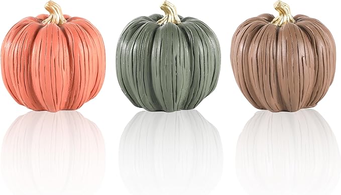 Set of 3 Mini Resin Pumpkins – Hand-Painted Fall Harvest Table Decorations in Brown, Orange & Green, 3.5” Autumn Décor for Thanksgiving Day Farmhouse Styling (Multicolor)