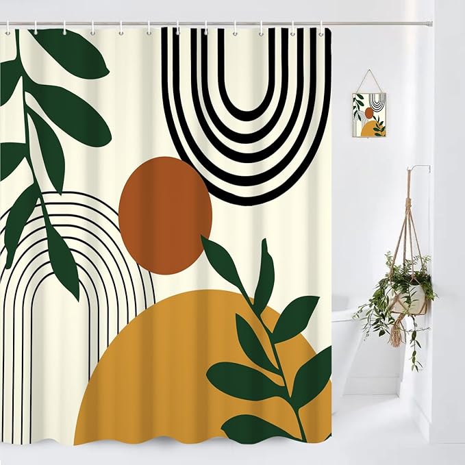 Boho Geometric Shower Curtain Beige Mid Century Abstract Arch Curve Bathroom Curtain Minimalistic Sun Shower Curtain Sets for Bathroom Extra Long 66x72 in with 12 Hooks