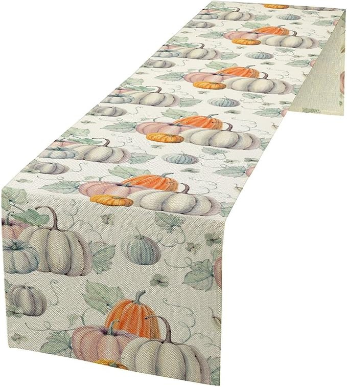 Fall Pumpkin Table Runner Vintage Leaves Plant Motifs Thanksgiving Theme Watercolor Illustration Home Decor for Farmhouse Indoor Outdoor Party Holiday Dining Kitchen Restaurant Cafe W13xL60in