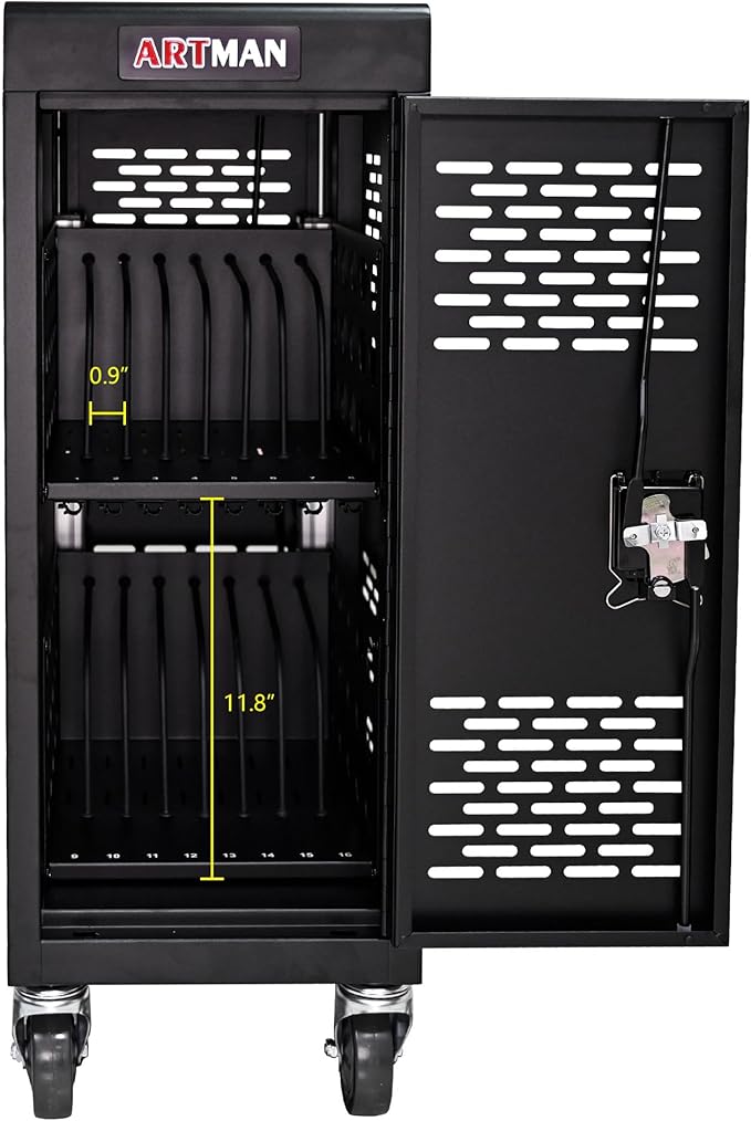 TOUPUWAN Laptop and Tablet Storage Cart, Mobile Charging Cart and Cabinet for Up to 16 Units, with Charging Port Screen Size Up to 14", Fits Chromebook, Tablet, Laptop, Suitable for School, Business