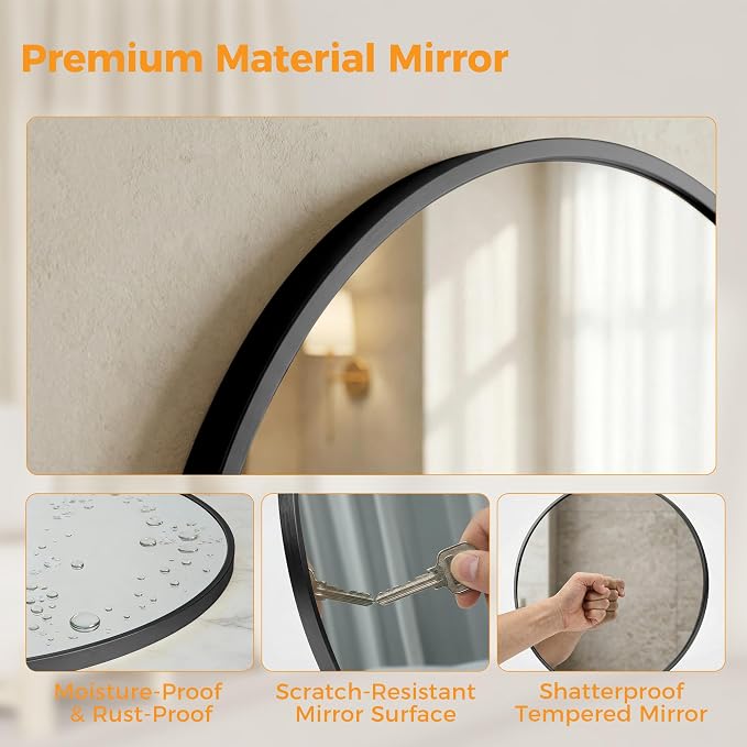 20 Inch Black Round Bathroom Wall Mirror, Round Mirrors for Wall Decor, Circle Mirror for with HD Shatter-Proof Glass for Entryway, Living Room, Bedroom, Dressing Room, Home Decor