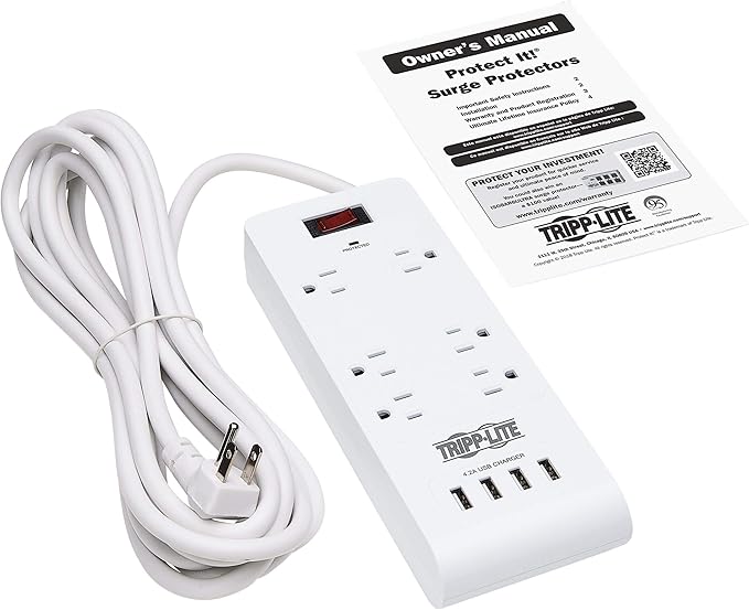 Tripp Lite 6 Outlet Surge Protector Power Strip 4 USB Ports 4.2A Fast Charge, 15 ft. Cord 900 Joules, White, (TLP64USBRA15)