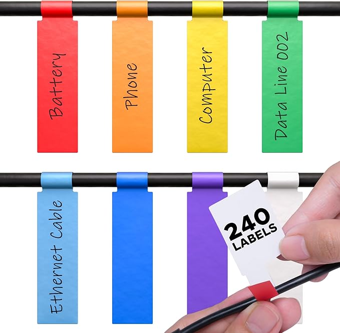 XFasten Cable Labels Tags for Cable Management 240 pcs Waterproof Cord Labels for Electronics 8 Colors Easy to Write On and Smudge-Resistant for Ethernet Cord, Charger, Audio Wires