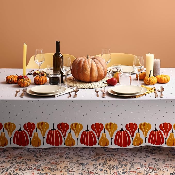 Thanksgiving Tablecloths, 6-Pack Disposable Plastic Table Covers, Pumpkins Pattern, 54 x 108 Inches, Party Decorations