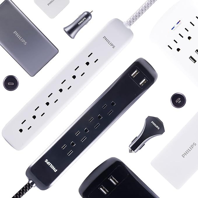 Philips 6 Outlet Surge Protector Power Strip, Designer Braided Power Cord, 10 Ft, Flat Plug Extension Cord, Perfect for Office or Home Décor, 1080 Joules, ETL Listed, Black, SPC3064BG/37 (Pack of 6)
