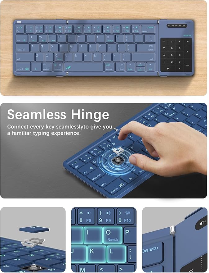 Nillkin Upgraded Foldable Bluetooth Keyboard with Touchpad & Number Pad, Portable Wireless Keyboard for Travel, Pocket-Sized, Full Size Keys, Support 3 Devices for iPad Laptop Tablets Phone, Blue