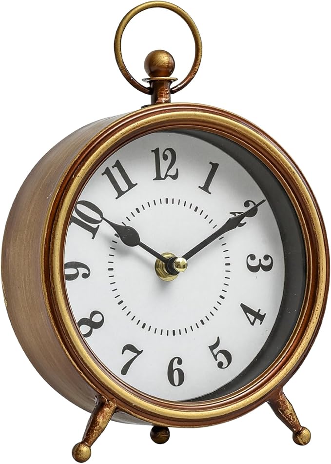 MACVAD EMAX Home Vintage Small Table Clock on Stand,Desk and Shelf Clock Decorative Farmhouse Mantel Non-Ticking Clock Rustic Metal Frame with Antique Gold Finish 9.3 Inch…