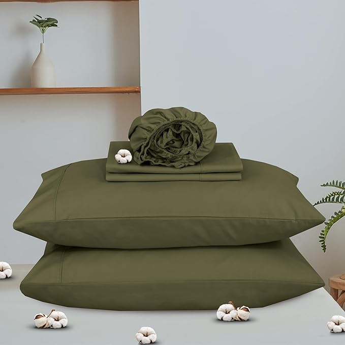 RUVANTI 100% Organic Cotton Sheets Split King, Percale Weave, GOTS Certified, 5-Piece Set, Deep Pocket 15", Crisp & Breathable, Soft Durable Bedding, Sábanas Algodón Orgánico – Olive