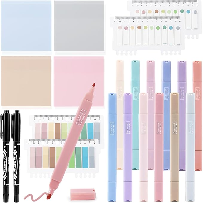 Lestp 22 Pcs Bible Study Supplies Bible Highlighters No Bleed Assorted Colors Pens 1000 Sheets Transparent Sticky Notes with 2 Black Pens Pastal Highlighters Dual Tips Morandi Book Tabs Sticky Index