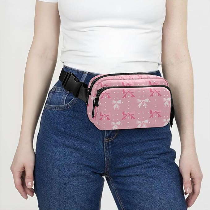 Cute Pink Bows Polka Dots Fanny Pack for Women Men Water Resistant Fashion Waist Packs with Adjustable Strap Belt Bag for Travel Workout Jogging Hiking 21220632