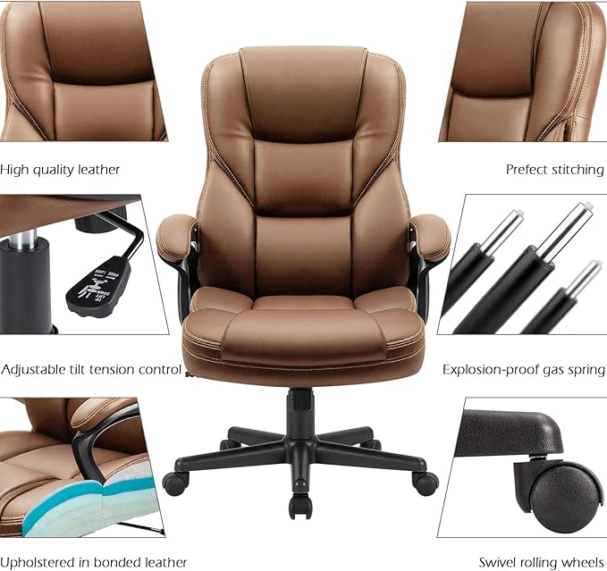 Furmax Office Executive Chair High Back Adjustable Managerial Home Desk Chair, Swivel Computer PU Leather Chair with Lumbar Support (2, Light Brown)