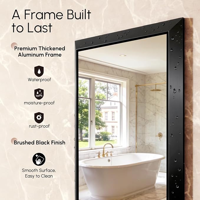 USHOWER 24x36 Inch Floating Bathroom Mirror - Brushed Black Wall Mirror for Over Sink, Anti-Rust, Beveled Aluminum Frame, Modern Rectangular HD Reflection Vanity Mirror(Copper-Free Silver Coating)