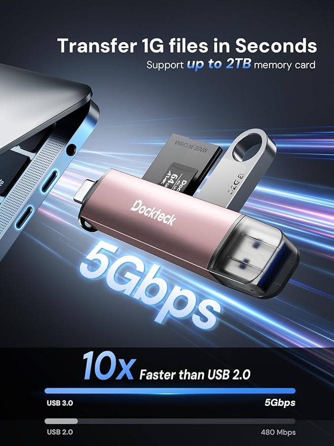 Dockteck SD Card Reader, 5G Super Speed USB3.0 SD/TF Card Reader, 3-Slot USB A/C to SD/Micro SD/USB A Memory Card Reader for UHS-I SD/Micro SD/SDHC/SDXC/MMC, Support OTG for Plug&Play,Pink