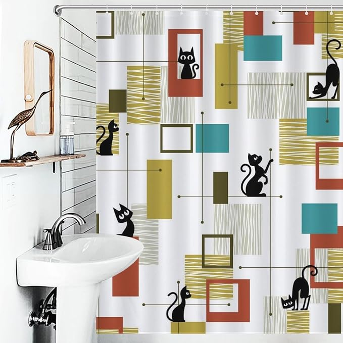 Mid Century Shower Curtain for Bathroom, Modern Black Cat Abstract Atomic Geometric Pattern Lovely Kittey Retro 1950s 1960s Waterproof Fabric Shower Curtain Set with Hooks,72"x78" Inch