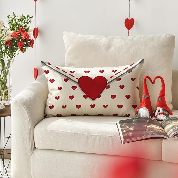 AVOIN colorlife Valentine's Day Envelope Throw Pillow Cover, 12 x 20 Inch Red Heart White Anniversary Wedding Cushion Case Decoration for Sofa Couch