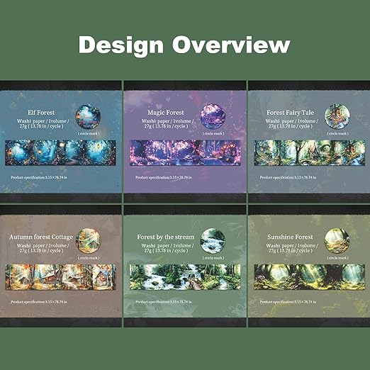 AuriicLeaf Forest-Themed Seamless Washi Tape Scrapbook Kit – 6 Rolls with Cottage, Waterfall & Fairy Forest Designs for Journaling, DIY Crafts, Gift Wrapping, Card Making and Decoration