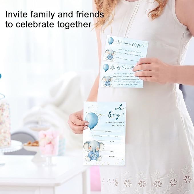 Blue Elephant Baby Shower Invitations for Boy, Boy Baby Shower Invites with Envelopes, Set of 25 Gender Reveal Invites Cards with Envelopes & Book Request Cards & Diaper Raffle Tickets -08