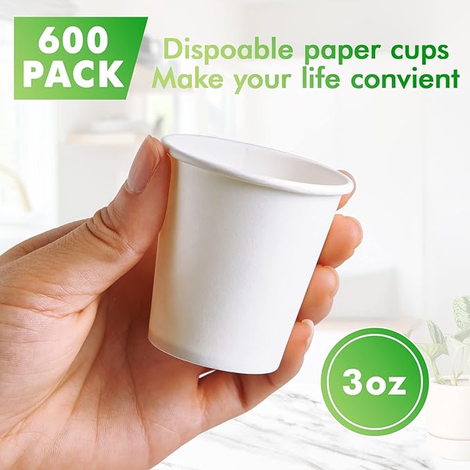 TV TOPVALUE 3 oz Paper Cups 600 Count Disposable Bathroom Mouthwash Espresso White Cups for Party, Picnic, Travel and Events