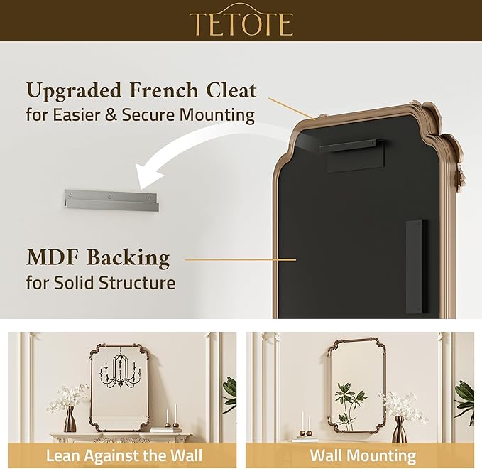 TETOTE Vintage Antique Gold Rectangle Mirror for Mantle Fireplace 48 x 32 Traditional Baroque Ornate Scroll Wall Mirror with Metal Frame for Living Room Bedroom, Horizontal/Vertical