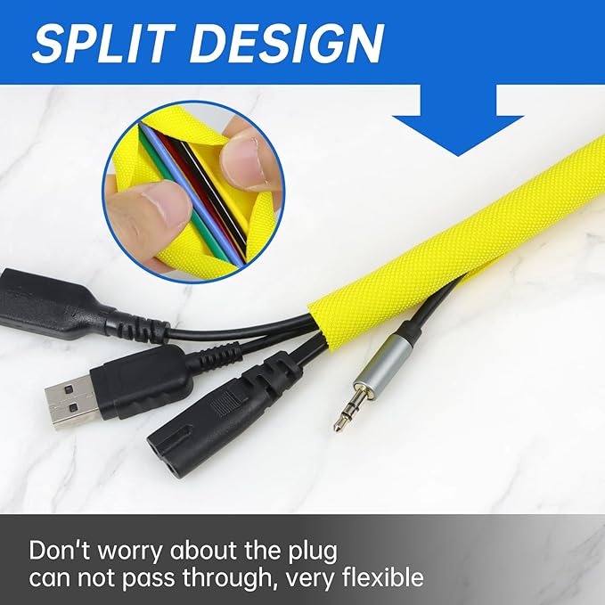 YOUBO Split Braided Cable Sleeve，Flexible Wire Loom Tubing, Automotive Cord Protector Pet Proof, Cable Management for Computer TV Electric Wires Harness 16ft (Yellow, 10mm（3/8")