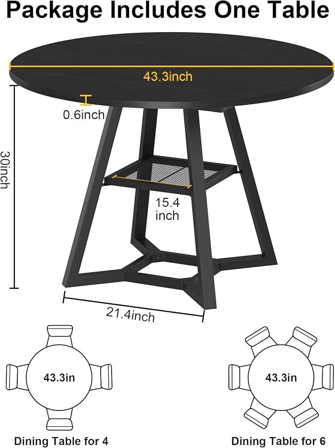 knoworld 43" Round Dining Table for 4, Kitchen Tables Dining Room Circle Dinner Table with Pedestal Metal Frame, Space Saving Wood Industrial Kitchen & Dining Room Tables, Black 43In