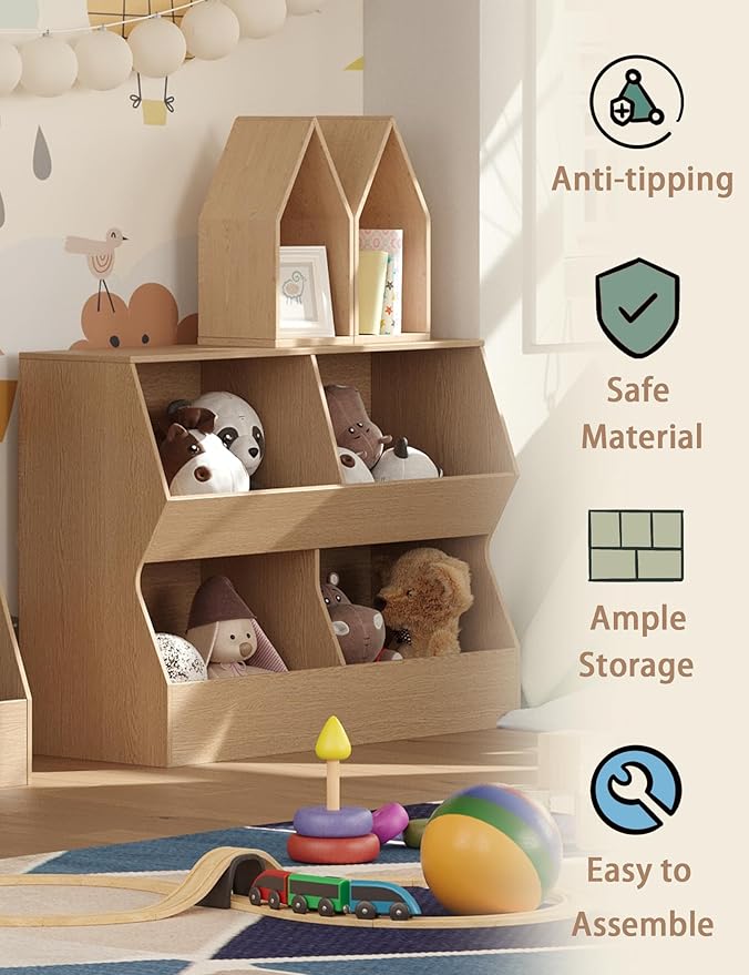 DINZI LVJ Kids Bookshelf, Toy Storage Organizer, Wooden Toy Storage Cabinet, 4 Cubby Children Bookcase, 39.4" L Toddler Book Shelf for Bedroom, Nursery, Hallway, School, Natural