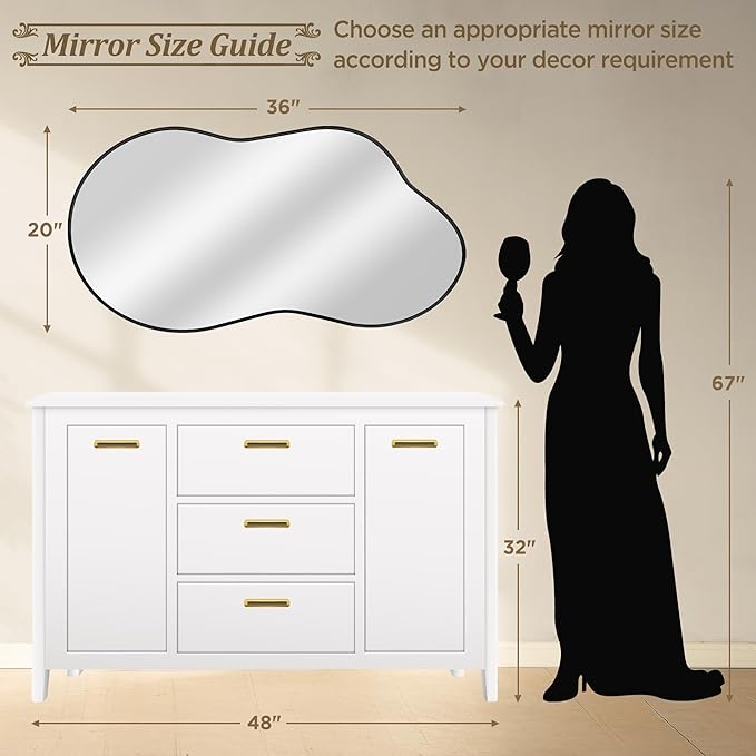 Dorlicecass Irregular Wall Mirror - Wall Mirrors Decorative 20"x36" Black Asymmetrical Mirror Tempered Glass Aviation Aluminum Alloy Frame for Bathroom, Bedroom, Living Room, Cloakroom, Entryway