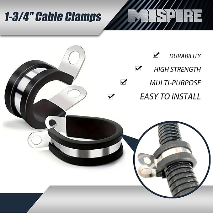 25 PCS 1-3/4 inch Cable Clamps, MISPIRE Stainless Steel Hose Pipe Clamps, Automotive Wire Rubber Insulated Clamps, Metal Clamps for Tube, Pipe and Wire Cord Installation, Black, MI-RC-1-3/4-25