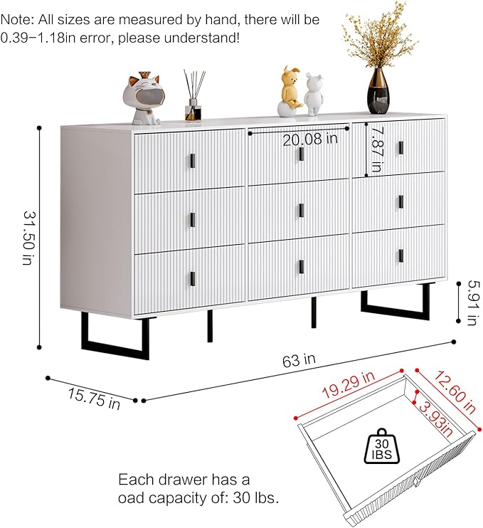 Chrangmay Modern Chest of Drawers with 9 Drawers,Deep Drawers,Clothes Organizer,Large Storage Cabinet for Living Room, Bedroom,Hallway,with Anti-Tipping Device, White