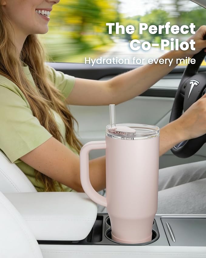 Renoj Tumbler with Handle 100% Spill Resistant Insulated Water Bottle for Iced Coffee & Hot Drinks - Fits Car Cup Holder, Ideal Gift, 2 Straws & Silicone Boot BPA-Free - FlexSlide Light Pink 32 oz