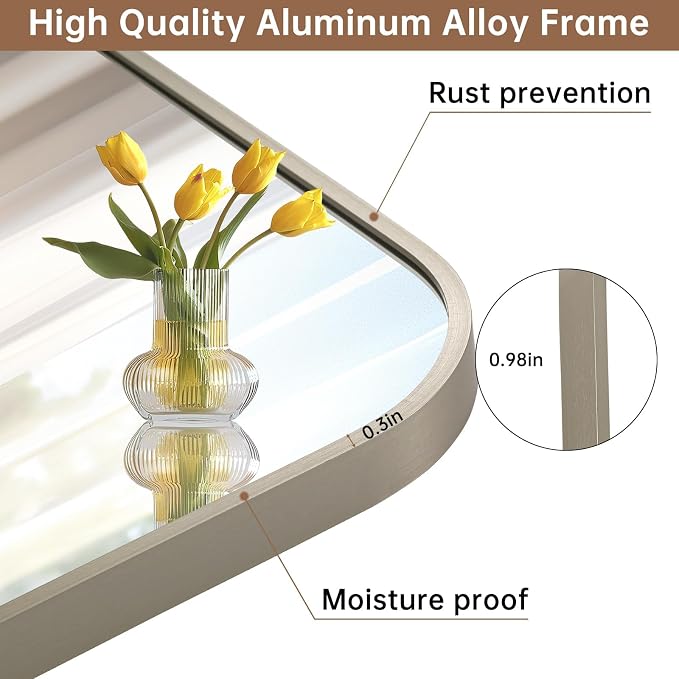 Brushed Nickel Mirror, 24"x32" Rectangle Bathroom Mirror, Metal Frame Rectangle Corner Vanity Mirror, Wall Mounted Mirror for Modern, Living Room, Bedroom, Horizontal Or Vertical