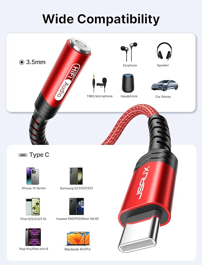 JSAUX USB Type C to 3.5mm Female Headphone Jack Adapter, USB C to Aux Audio Dongle Cable Cord Compatible with iPhone 15 Pro Max/15 Pro/15 Plus, Samsung Galaxy S23/S22/S21 Ultra, iPad Pro, Pixel -Red