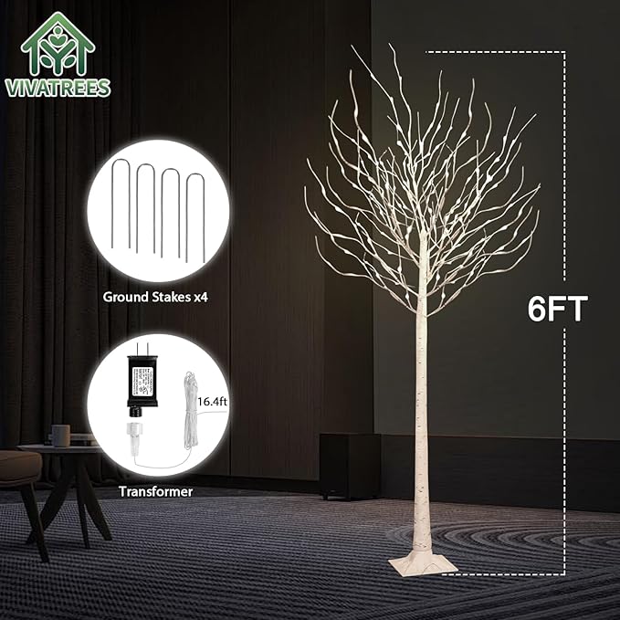 LED Birch Tree Lights, 6ft Trees with Warm White Lights, Outdoor Indoor Christmas Wedding Party Decor