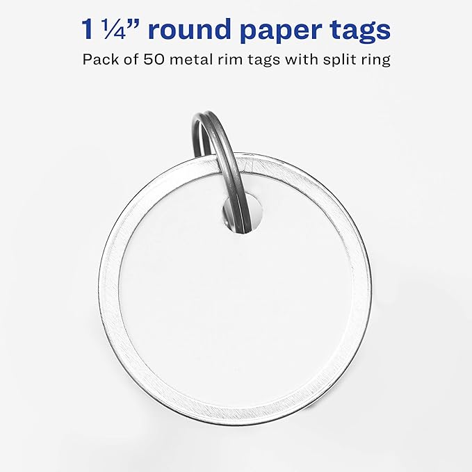 Avery Metal Rim Key Tags, 1.25" Diameter Tag, Metal Split Ring, White, 50 Tags (11025)