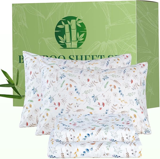 Bedlifes King Floral 4-Piece Sheet Set - Cooling Sheets Blend Rayon Derived from Bamboo,Soft & Breathable, Deep Pocket 16", Wrinkle Resistant - Vibrant Boho Floral Design