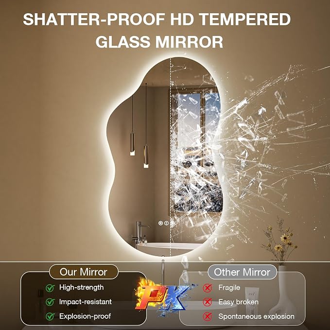 Irregular Cloud Backlit Bathroom Mirror 20x32 Inch, LED Vanity Mirror with Lights Anti-Fog, Dimmable 3 Colors, 4mm Tempered Glass, Horizontal/Vertical Wall Mount for Bathroom or Makeup Area