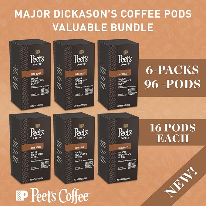 Peet's Major Dickason's Blend Pod – 96 Count (6 Packs of 16) – Dark Roast with Bold, Rich Flavor and Smooth Finish – Compatible with Pelecom Coffee Machines – Peet’s Coffee Pods & Capsules