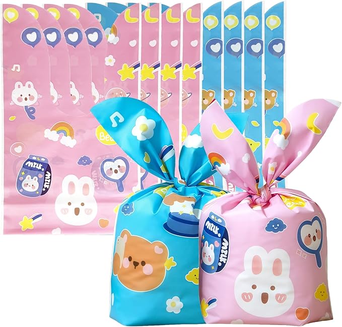 FERENLI 50 Pack Reusable Easter Gift Bags with Bunny Ears Goodie Treat Plastic Snack Candy Bags for Rabbit Bunny Birthday Party Favor Supplies (2 Mixed Colors, 7.1x11.8 inch(18x30 cm))
