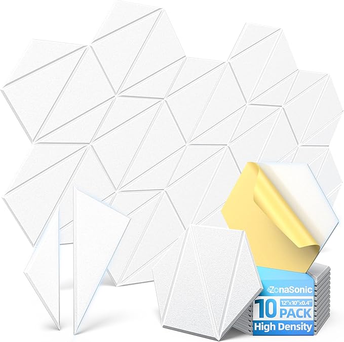 10 Pack Acoustic Panels with Self-Adhesive 12"X10"X0.4" Sound Proof Foam Panels for Walls, High Density Soundproof Wall Panels, Z-Line Hexagon Sound Dampening Panels for Home Studio Decor Office-White