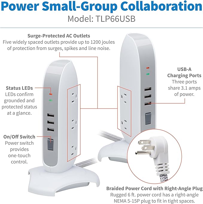 Tripp Lite TLP66USB Surge Protector Tower with USB Ports, 1200 Joules, 5-Outlets, 3 USB Ports, 6ft Heavy-Duty Braided Extension Cord, Desk Charging Tower, Dorm Essentials, Tower Power Strip with Surge