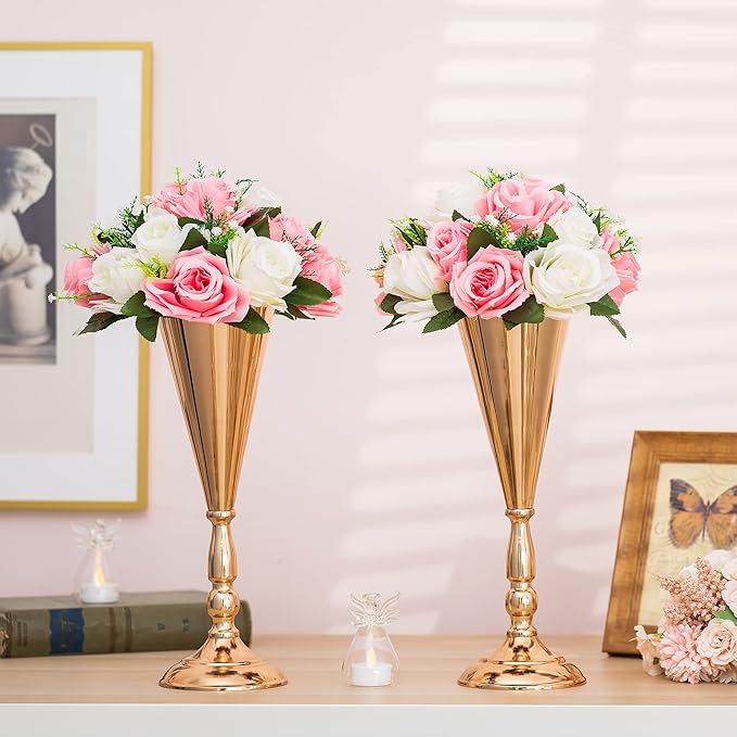 Gold Vase Centerpiece Table Decorations - 2 Pcs Metal Tabletop Flower Stand, Wedding Decorations for Reception, 14in Trumpet Tall Flower Vase for Birthday, Weddings, Anniversary Ceremony, Home Decor