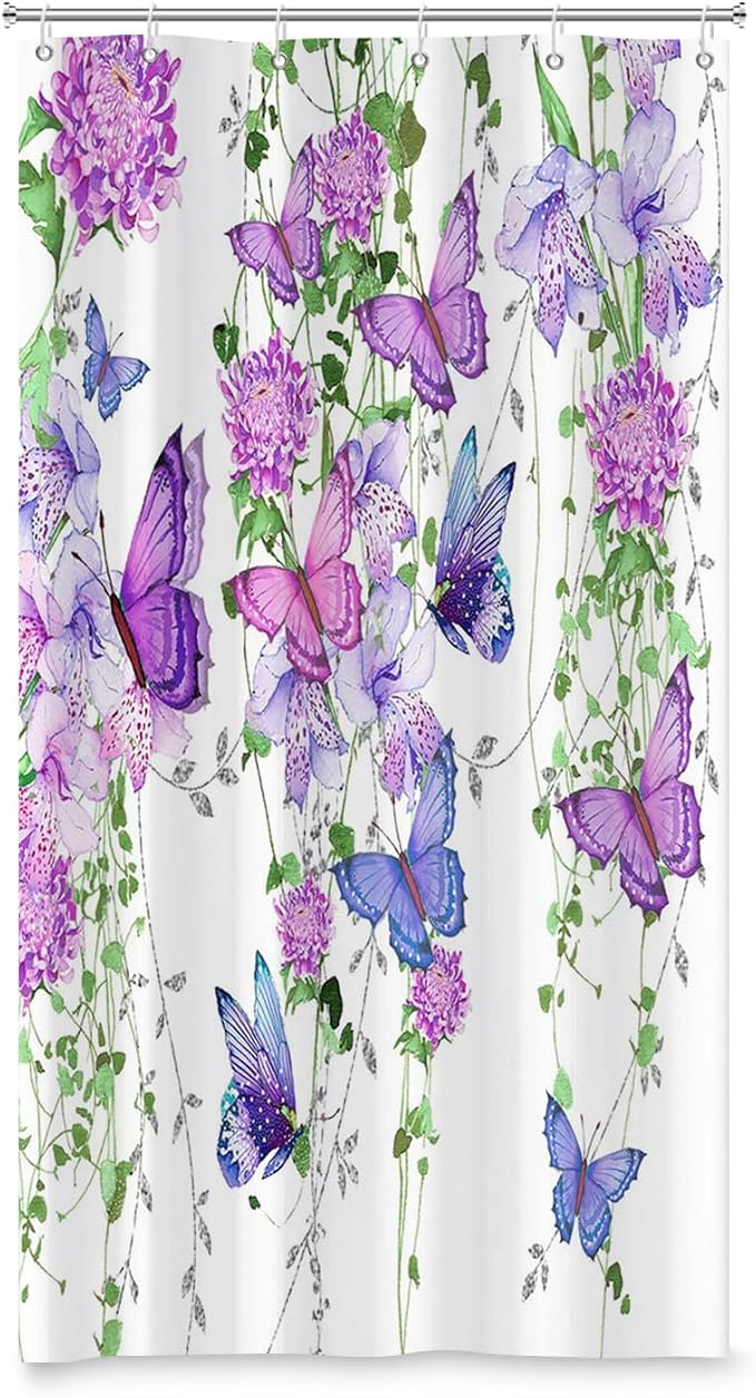 Violet Butterfly Floral Shower Curtain Spring Lavender Shower Curtain Lilac Pink Floral Bathroom Decor Waterproof Polyester Fabric with 6 Hooks,36x72 Inches