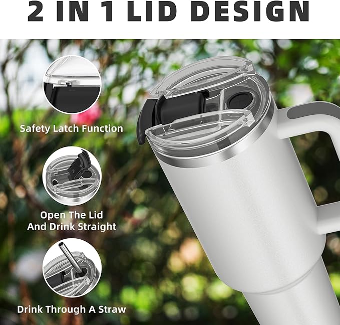 40 oz tumbler with handle and straw,Double Wall Vacuum Reusable Stainless Steel Insulated Water Bottle,With Leak Proof lid and Straw for Iced or Cold Beverages (White)