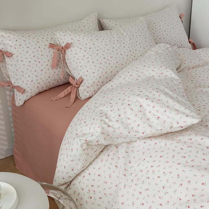Rose Flower Duvet Cover King Garden Style Vintage Floral Bedding Set Chic Botanical Flower Comforter Cover with 2 Bow Ties Pillowcases 100% Cotton Pink Stripes Comforter Cover Cottagecore Bedding Set