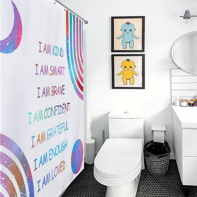 Rainbow Shower Curtain for Girls Bathroom, Boho Rianbow Quotes Inspirational Motivational Positive Colorful Pastel Green for Baby Kids Waterproof Fabric Shower Curtain Set with Hooks, 72"x78" Inch