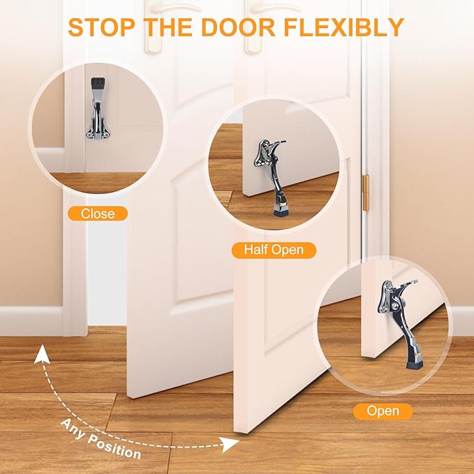 2 Packs Heavy Duty Kickdown Door Stopper, One Touch Adjustable Kickdown Door Stop for Heavy Doors, 4 in Metal Door Kickstand with Rubber Tip & Wall Protectors for Wide Doors- Sliver