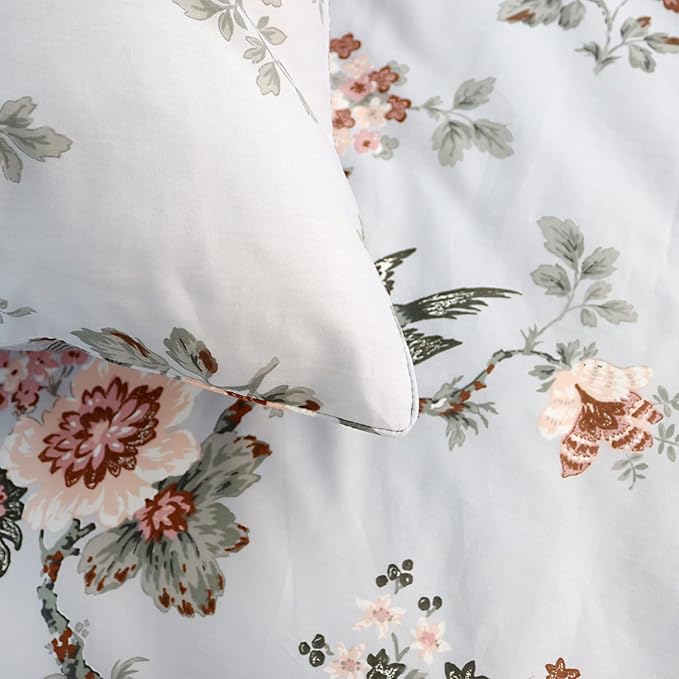FADFAY Duvet Cover Set Queen Elegant Floral Bedding Shabby Grey Bird Print Flower Quilt Cover Set Vintage Farmhouse Bedding 100% Cotton Soft Comforter Cover Set with Zipper Closure 3Pcs, Queen Size