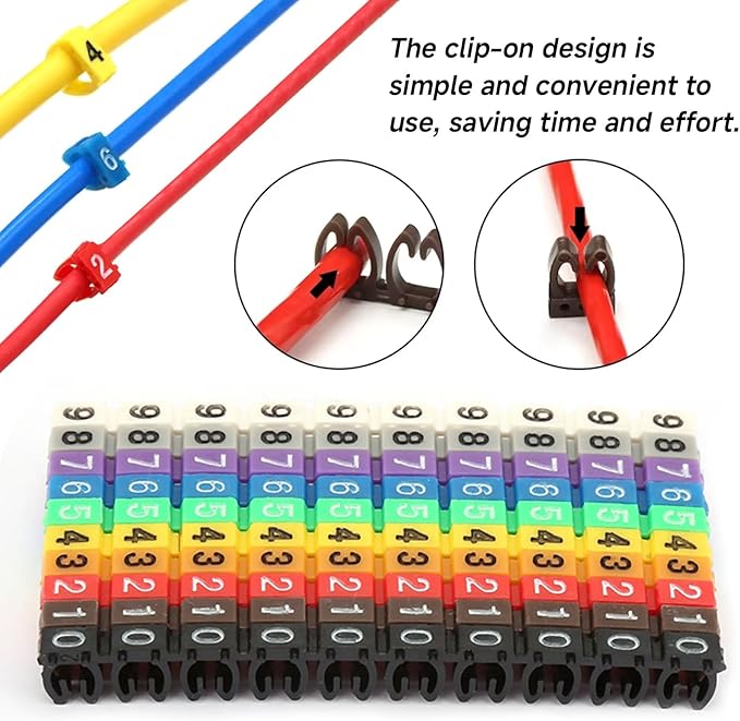Wire Number Tube Cable Marker, 0.3 x 0.2in Colorful Clip on Wire Marker, Digital Number Wire Numbering Marker, Plastic Cable Numbering Marker Tube for Wires Management, 100Pcs