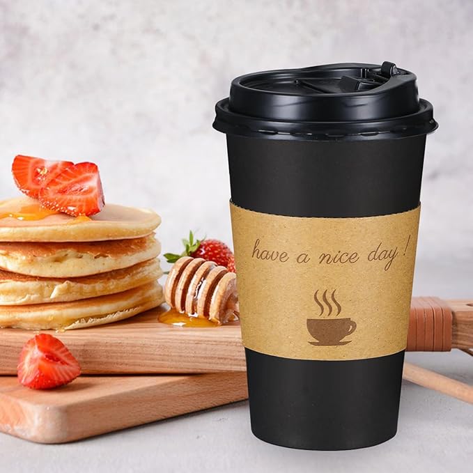 Lamosi 16 oz Coffee Cups with Lids 100 Pack, 16 oz Disposable Coffee Cup with Stir Sticks and Sleeves, To Go Hot Paper Cup for Home, Travel, Office